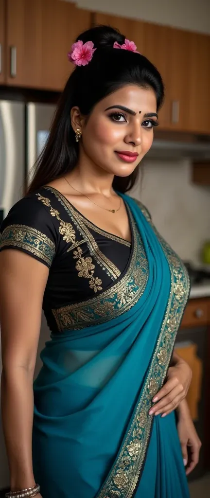 Portrait of Indian milf standing side pose, looking at camera, with lust in her eyes, black hair tied around, flowers in head,sandal mark on forehead, sindhur on forehead (vermilion mark on forehead in the middle of hair partition,transparent blue Saree, d...