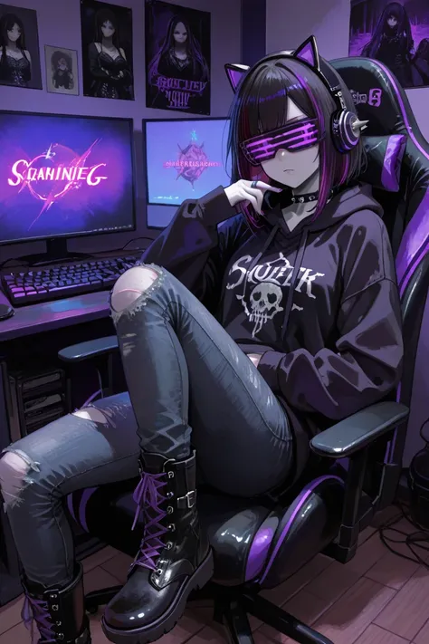 A stylish gothic teenage girl sits in a sleek black gaming chair with purple accents, casually reclined as she focuses on her computer screen. Her long black hair, streaked with vibrant purple highlights, frames her face, partially covering her oversized s...