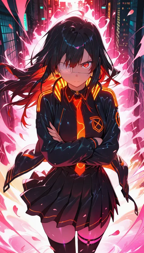 aniwall, anime, aesthetic, 8k wallpaper, detailed, 1girl, long_hair, looking_at_viewer, serious, confident, medical_eye_patch, left_eye_patch, black_hair, red_eyes, school_uniform, black_uniform, gold_accents, high_collar, pleated_skirt, thighhighs, jacket...