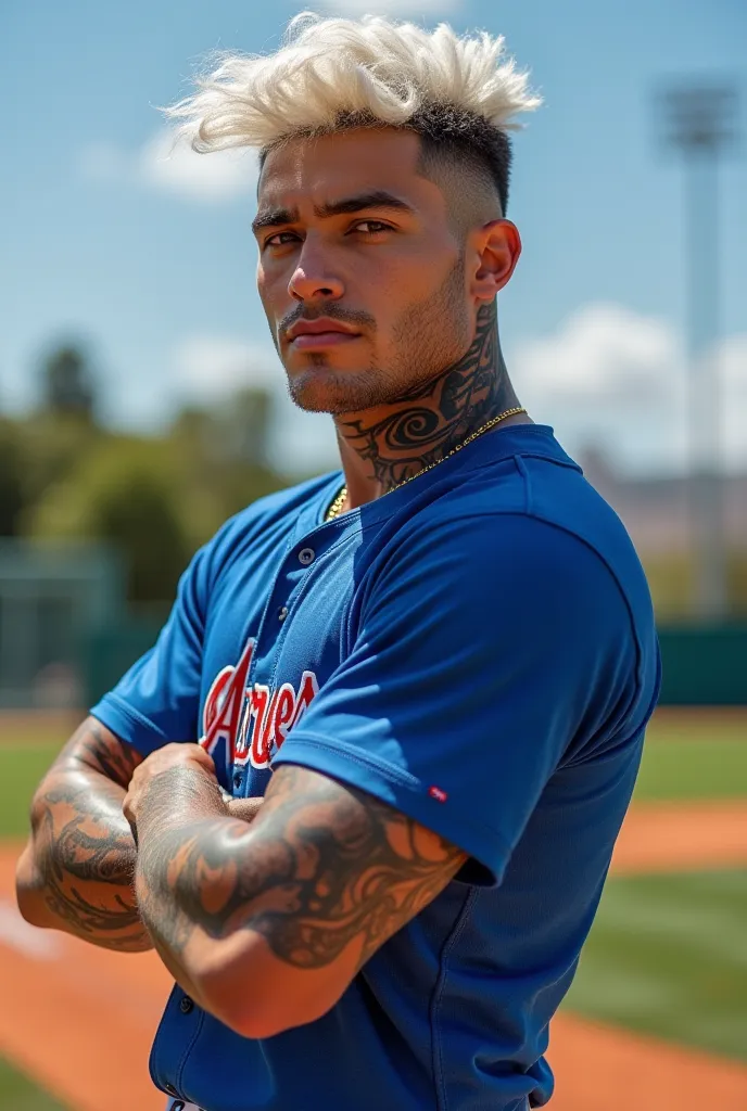 Make a 33-year-old muscular boy of 1.88m handsome big boy tanned white chocolate hair with honey reflections, Venezuelan.  dark eyes. Baseball player, big and muscular player dressed as a baseball player.On the baseball field, baseball team apparel. very h...