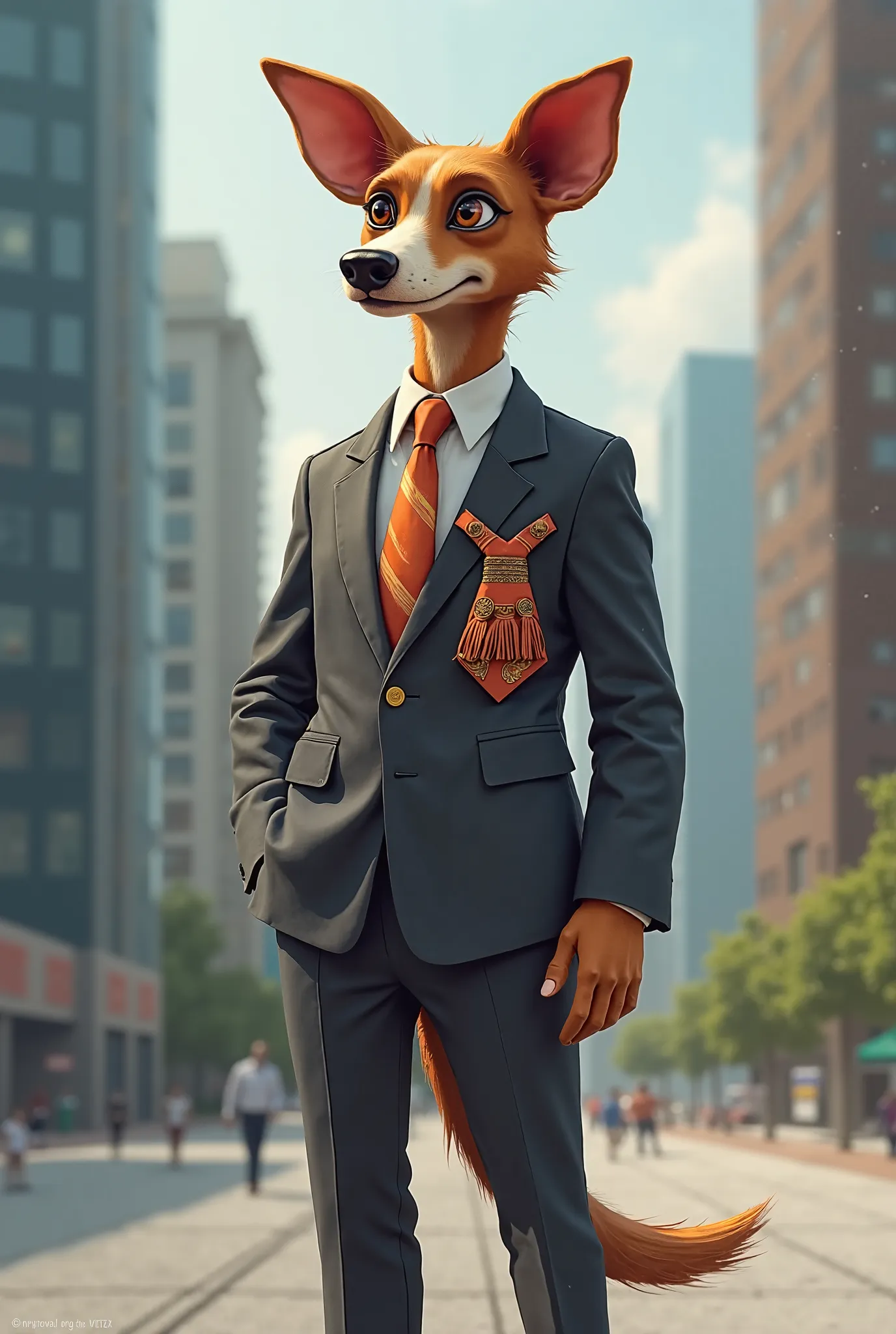 I would like to create a dog with a suit and a talking tie with fringe
