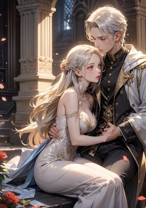 TOP QUALITY。 detailed depiction of up to the front door。Castle garden 。A woman sitting on a man's lap is kissing a man's forehead、((One adult man and one adult woman))。Short blonde man、((light blonde with male short hair))、 cool and impressive appearance 。...