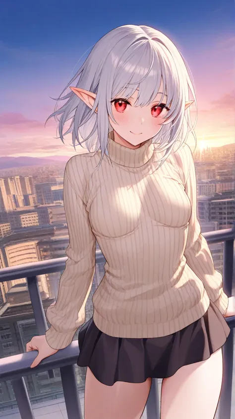 (masterpiece, TOP QUALITY:1.2)、City、rooftop、I can see the scenery in the distance、break、beige knitted vertical sweater、black Niso、miniskirt、 silver hair、 elf ears、 red eyes、Petite、medium boobs when skiing、break、(TOP QUALITY)、(Ultra detail)、( very detailed ...