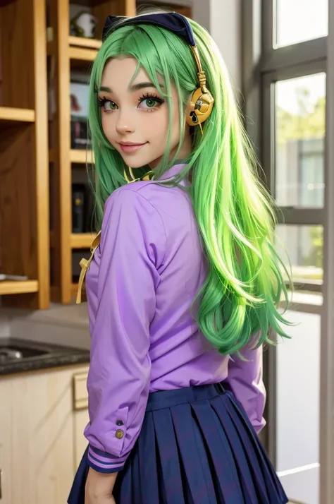  green hair、my hair is long , But I'm using it on the back、 European girl  、  black uniform、yellow eyes、 It's cute  、 Cold、  expressionless  , beautiful 18 year old age girl ,  gold-colored eyes , purple school uniform , Earphones , happy ,  cute smile  , ...