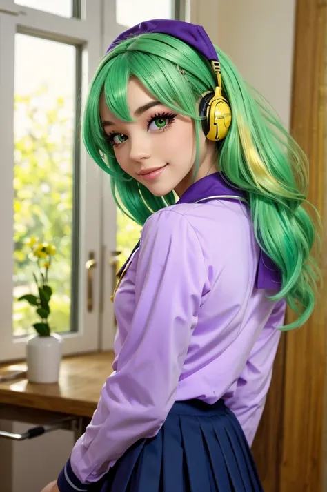  green hair、my hair is long , But I'm using it on the back、 European girl  、  black uniform、yellow eyes、 It's cute  、 Cold、  expressionless  , beautiful 18 year old age girl ,  gold-colored eyes , purple school uniform , Earphones , happy ,  cute smile  , ...