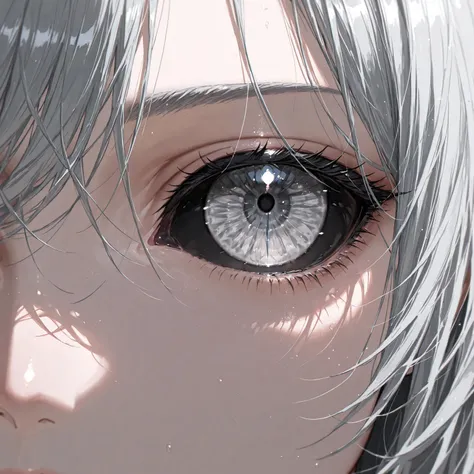 masterpiece, newest, absurdres, best quality, hires, 1girl, gray hair, long hair, messy hair, gray eyes, swept bangs, eye focus, close up, black sclera