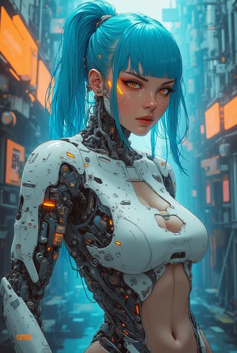 A sexy cyborg woman. cyberpunk. Cybernetic components. Vêtements cyberpunk . Queue de cheval et frange. Blue hair. Huge drooping chest. topless. 