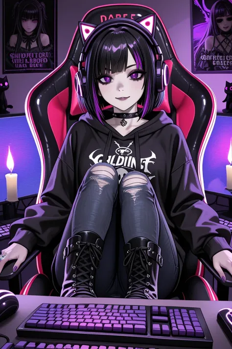 A stylish gothic teenage girl sits in a sleek black gaming chair with purple accents, casually reclined as she focuses on her computer screen. Her long black hair, streaked with vibrant purple highlights, frames her face, partially covering her oversized s...