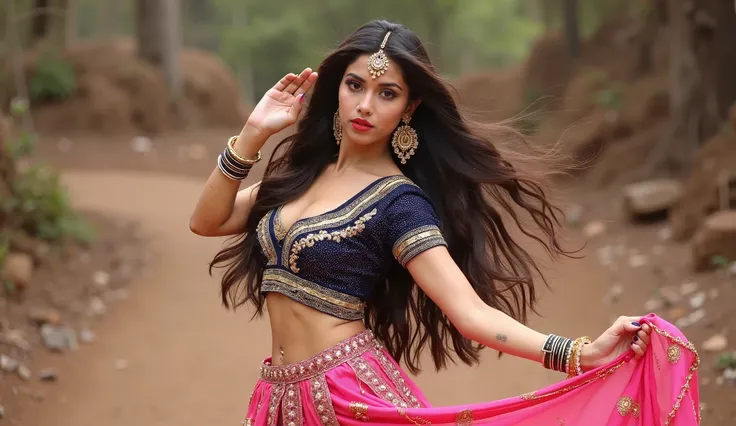 A hot woman sexy party dance poses, featuring a dark blue embellished shot choli and a shot pink lehenga with intricate gold detailing. Her long, flowing hair cascades over her shoulders, and she accessorizes with large gold earrings, a matching bracelet, ...