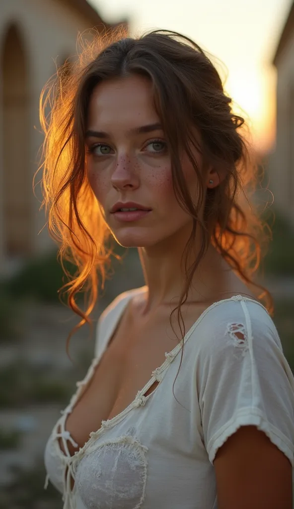 portrait of A beautiful European young woman, perfect face, shabby white ripped t-shirt, small breasts, in ruins, sunset, cinematic lighting, look at veiwer, pov, ((((high detailed skin)))), [[[freckles]]], 8k, sharp focus, ((weathered, dirty))