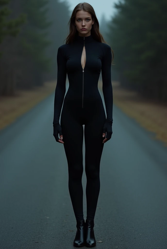 A beautiful slender girl is standing in the middle of the road, black matte full body slim suit, suit with an open zipper from neck to crotch at the bottom, Front view,  uncensored