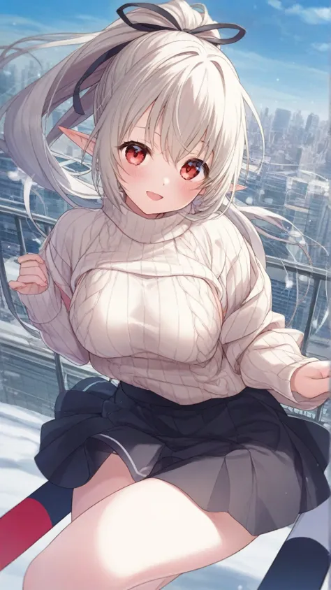 (masterpiece, TOP QUALITY:1.2)、City、rooftop、I can see the scenery in the distance、break、beige knitted vertical sweater、black Niso、miniskirt、 silver hair、ponytail、black ribbon、 elf ears、 red eyes、Petite、medium boobs when skiing、break、(TOP QUALITY)、(Ultra de...