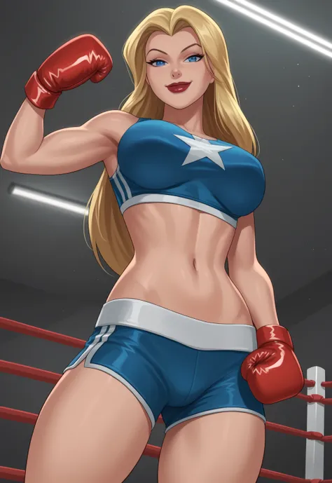 safe_pos, PonyXLV6_Scores BREAK ((retro artstyle, parody)), perfect anatomy, cowboy shot) 1girl, blonde hair, long hair, blue eyes, flirting, raised eyebrow, ((looking at viewer)), superhero, red lipstick, red and silver sports bra, red and silver boxing s...