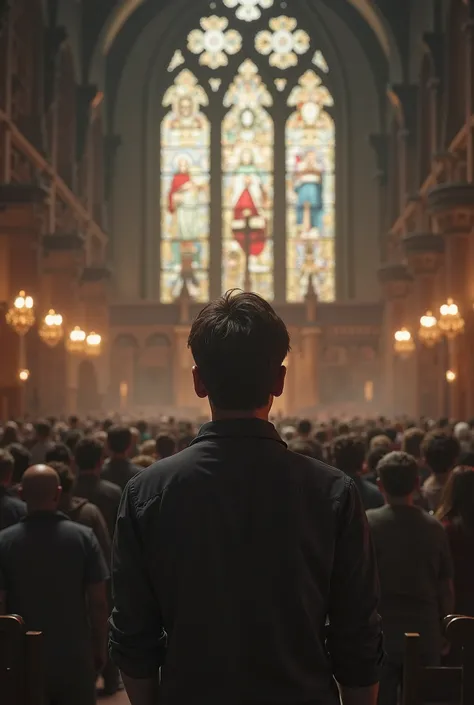  "Ultra-realistic 3D rendering of a person standing in front of a church filled with a large crowd of worshippers. The person has a desperate expression, conveying a deep sense of searching for help. The church is grand, with towering arches and intricate ...