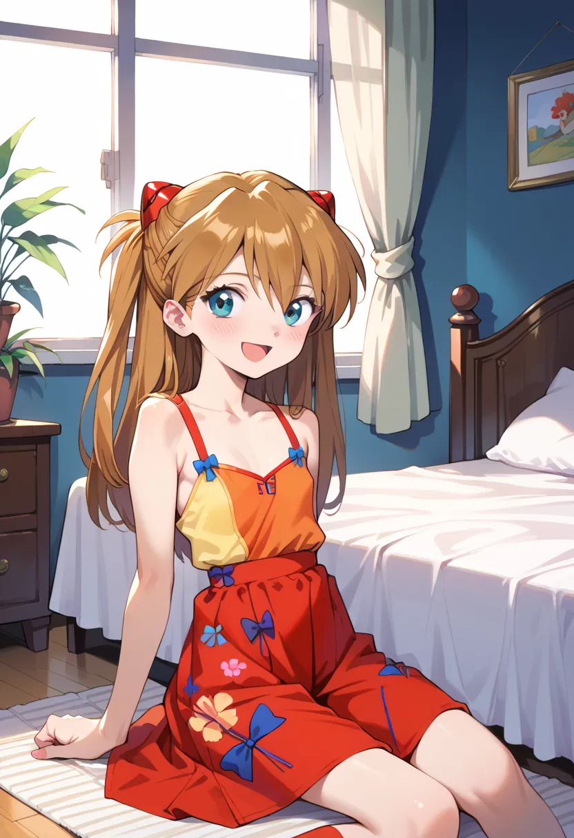 ((TOP QUALITY)), ((masterpiece)), (be familiar with),  perfect face, indoors, bedroom, watching viewers,
One woman, Soryu Asuka Langley,
open mouth, ecstatic expression, blush, smile,
 small tits,  flat chest, Young girl,  lori,  ,  girl,
 long hair, two s...