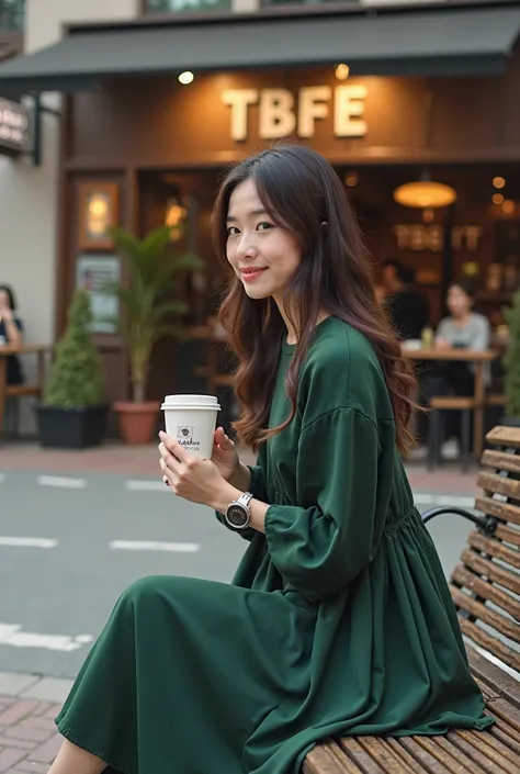 A woman wearing dark green flowy dress, sitting at the bench infront of a restaurant called "TBFE". she's holding a coffee cup with her name "Yukihira" on the cup.