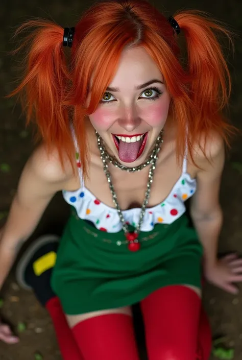 hot clown girl, looking at viewer, on knees, high angle view, closeup, chained, submissive, orgasm face, pale skin, tongue out, (green tight short skirt), (white ruffled top with color dots), (red stockings), (skater shoes), orange hair, twintails, messy h...