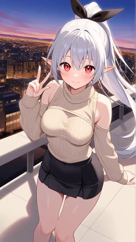 (masterpiece, TOP QUALITY:1.2)、City、rooftop、I can see the scenery in the distance、break、beige knitted vertical sweater、black Niso、miniskirt、 silver hair、ponytail、black ribbon、 elf ears、 red eyes、Petite、medium boobs when skiing、break、(TOP QUALITY)、(Ultra de...