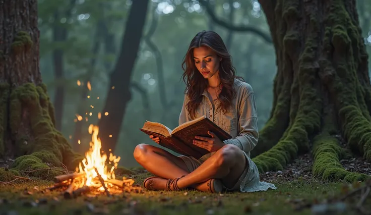 this woman in a forest around a campfire reading an old book. Realistic photo, 