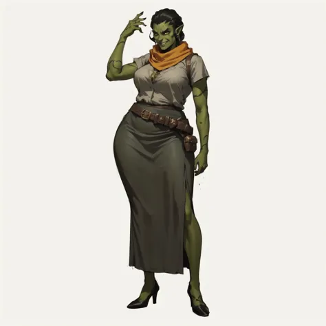 araffe dressed in a skirt and a scarf is posing for a picture, green orc female, female orc, evil standing smiling pose, female lead character, lucio as a woman, snake woman hybrid, d & d style full body portrait, character posing for concept art, angry fe...