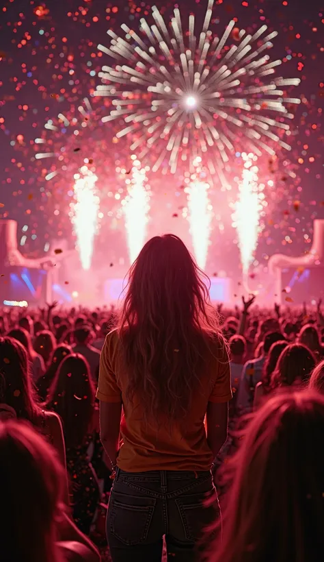 The camera captures a wide-angle shot of the audience from the stage, showing thousands of enthusiastic fans clapping and cheering. The stage lights illuminate their faces while confetti rains down from above, adding to the celebratory atmosphere. Behind A...