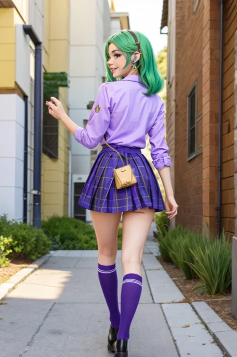  green hair、my hair is long , But I'm using it on the back、 European girl  、 purple school uniform、 honey-colored eyes 、 It's cute  、 Cold、 , beautiful 18 year old age girl ,  gold-colored eyes , purple school uniform , Earphones , happy ,  cute smile  , m...