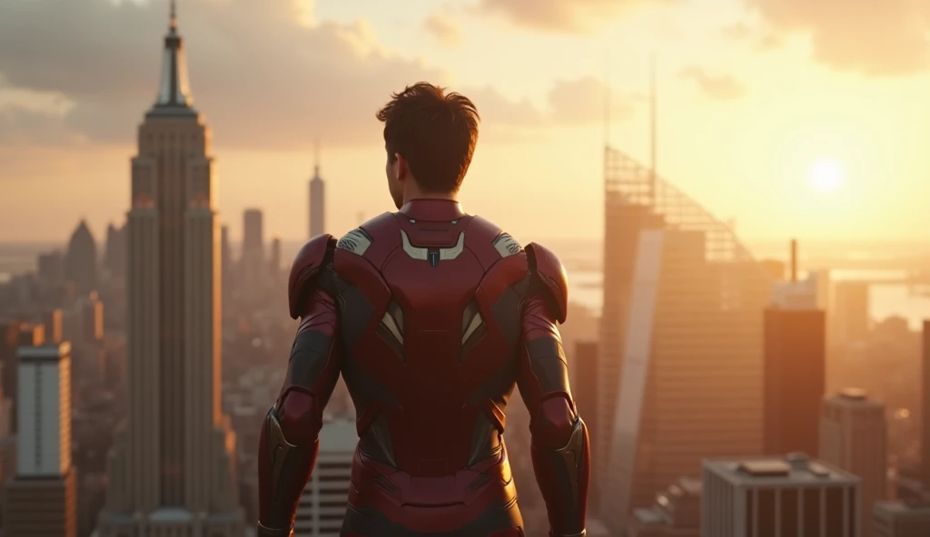 Ultra HD, cinematic closing shot capturing Tony Stark in a contemplative pose as he gazes toward the horizon with confidence and hope. The backdrop reveals the transformed city and emerging daylight, symbolizing the promise of a renewed future. Every eleme...