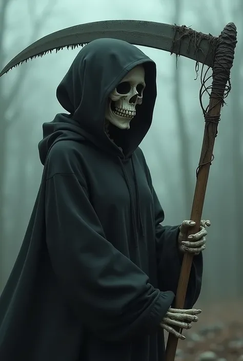 A skeleton girl in a black hoodie with a scythe
