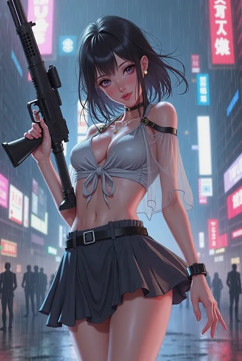 Sexy anime character shooter in a futuristic city with a cute and angelic face with a flowing mini skirt, In a pose showing her panties with an almost transparent blouse wet in the rain she is pointing the gun forward in a pose with a precise look 