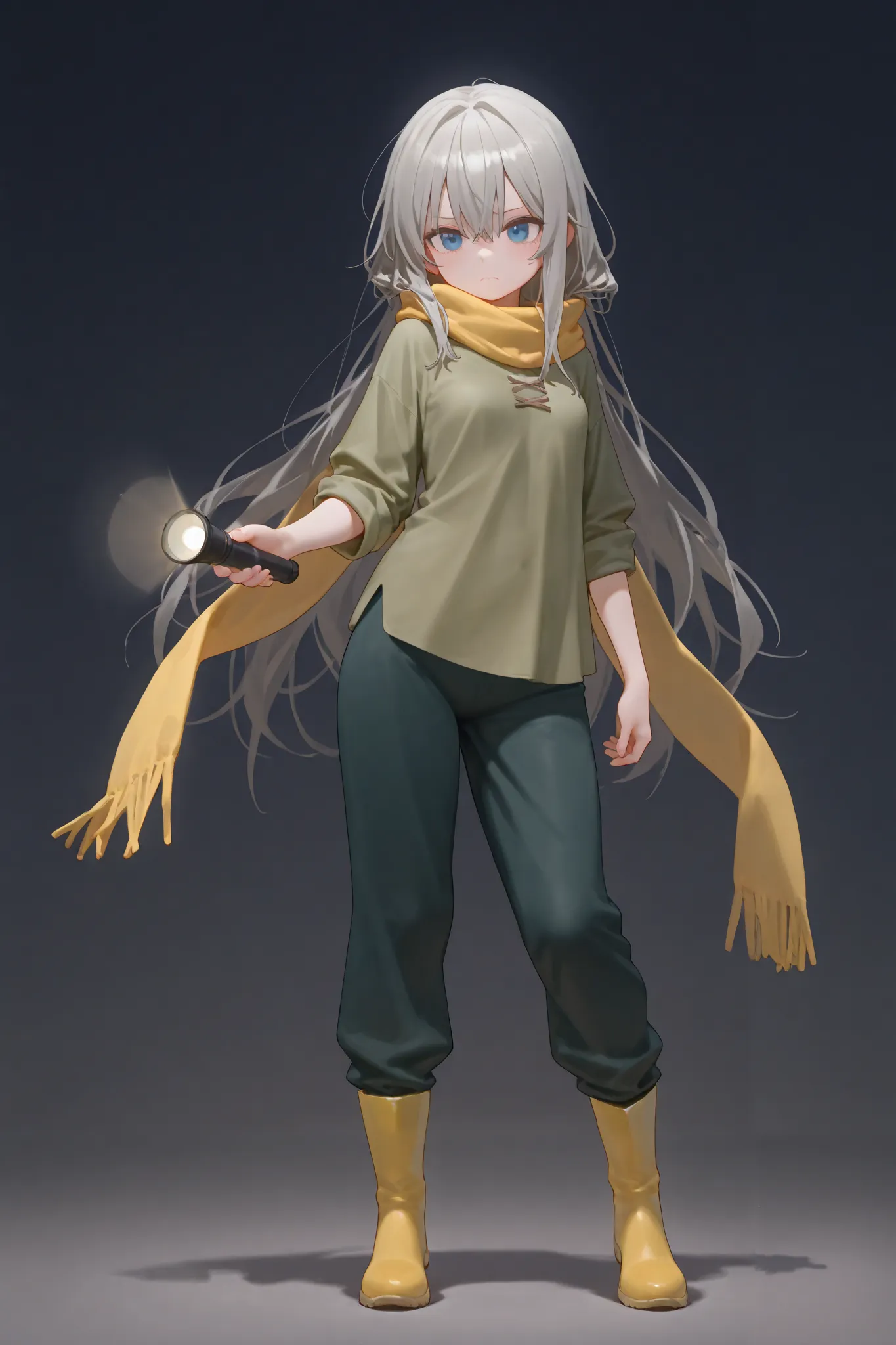 (Yeza: Long hair, gray hair, green shirt, dark green pants, yellow boots ,yellow scarf, blue eyes, small breast), solo, 1woman, woman, holding a flashlight, frown, standing, full body ,masterpiece