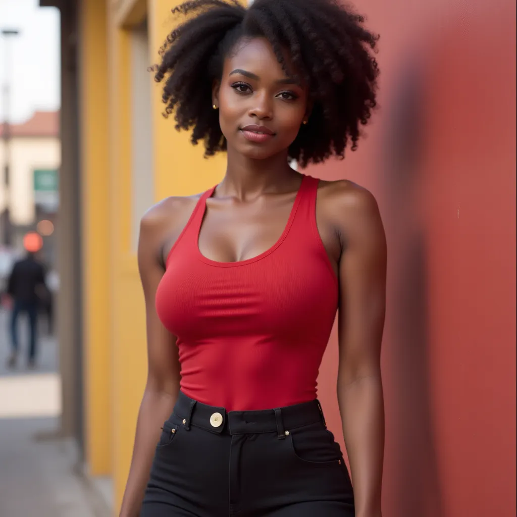 A young Sudanese young woman，has strong brownish red and colorful colors，There is also a cola-like vest，with a perfect view in three colors。An area located in the center，Includes the camera's ligament。The facial expression is gentle、Sexy、Sexy。Our Milan is ...