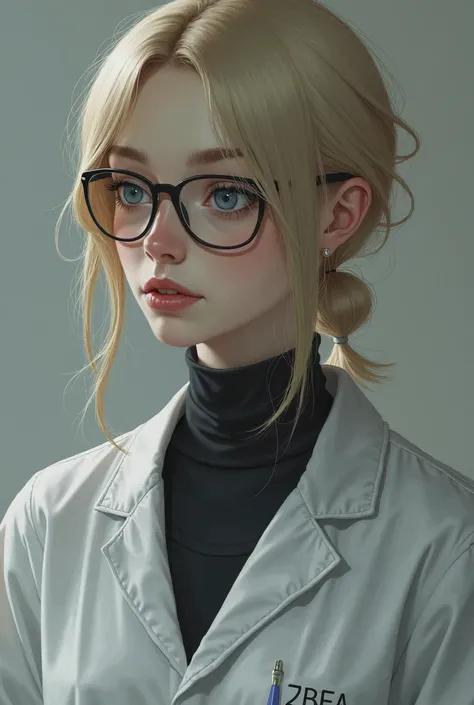 blonde girl ,  eyes are blue, straight nose,  Clothes: white hospital gown and black turtleneck, wears glasses