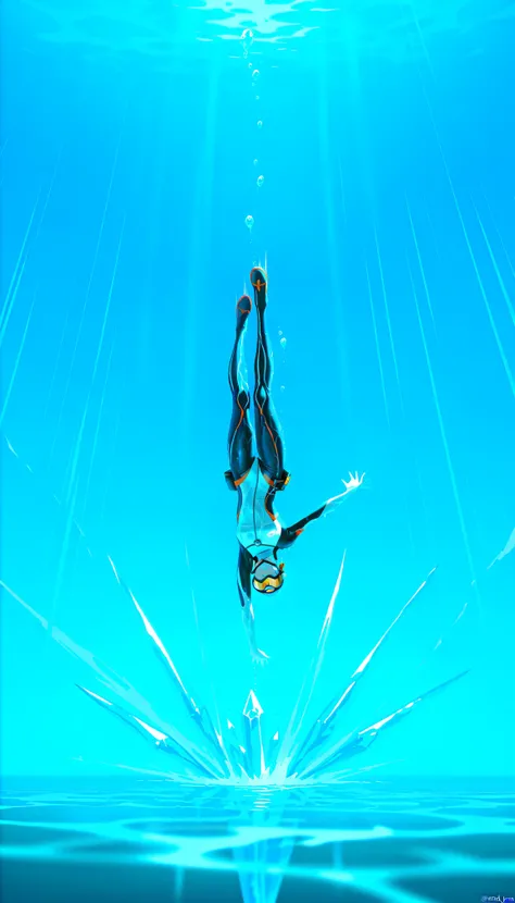 (anime-style diver:1.6), dynamic underwater penetration,  
hyperrealistic water dynamics, crystal clear droplets,  
subsurface scattering on wet skin, clinging wet white shirt,  
spiraling bubble trails from fingertips, frozen splash crown,  
teal-indigo c...