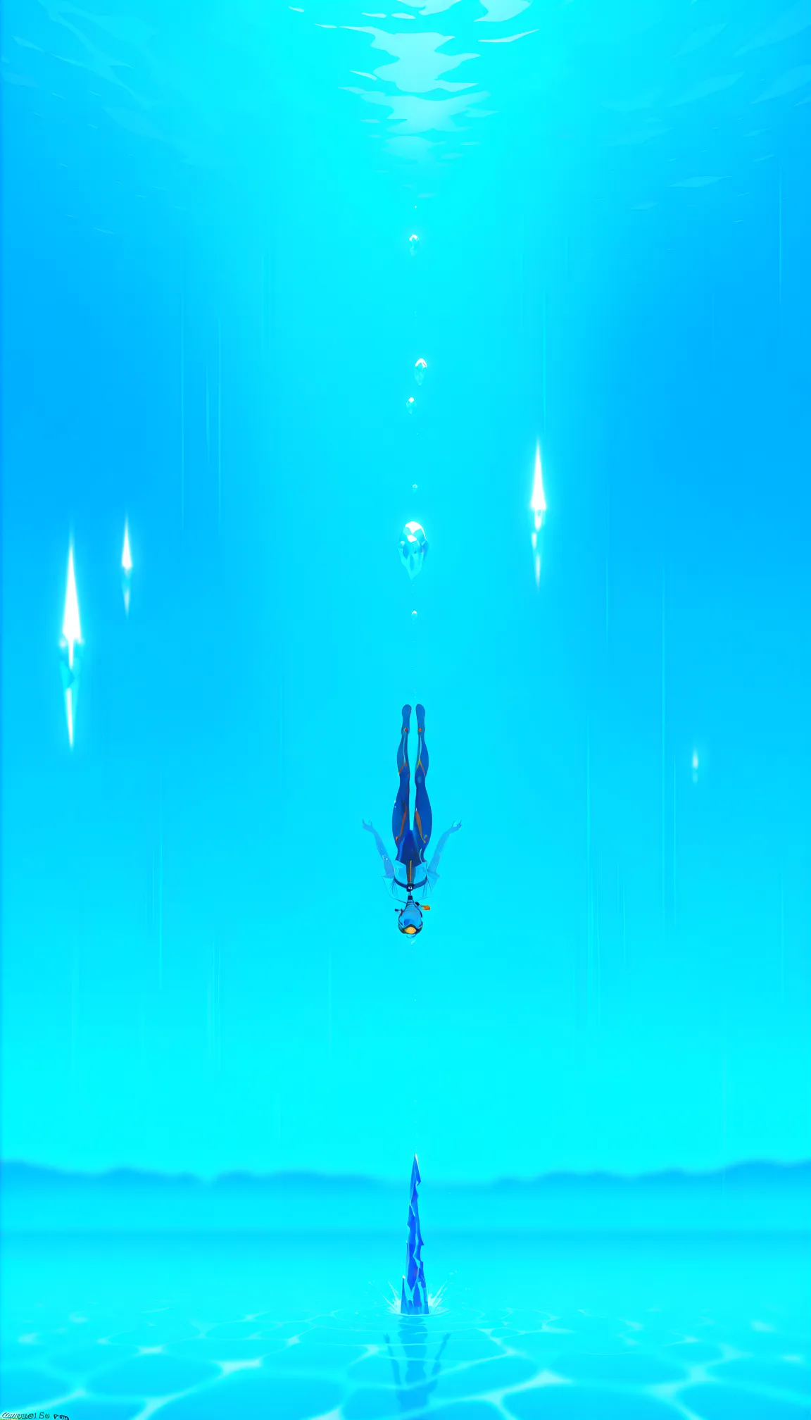 (anime-style diver:1.6), dynamic underwater penetration,  
hyperrealistic water dynamics, crystal clear droplets,  
subsurface scattering on wet skin, clinging wet white shirt,  
spiraling bubble trails from fingertips, frozen splash crown,  
teal-indigo c...