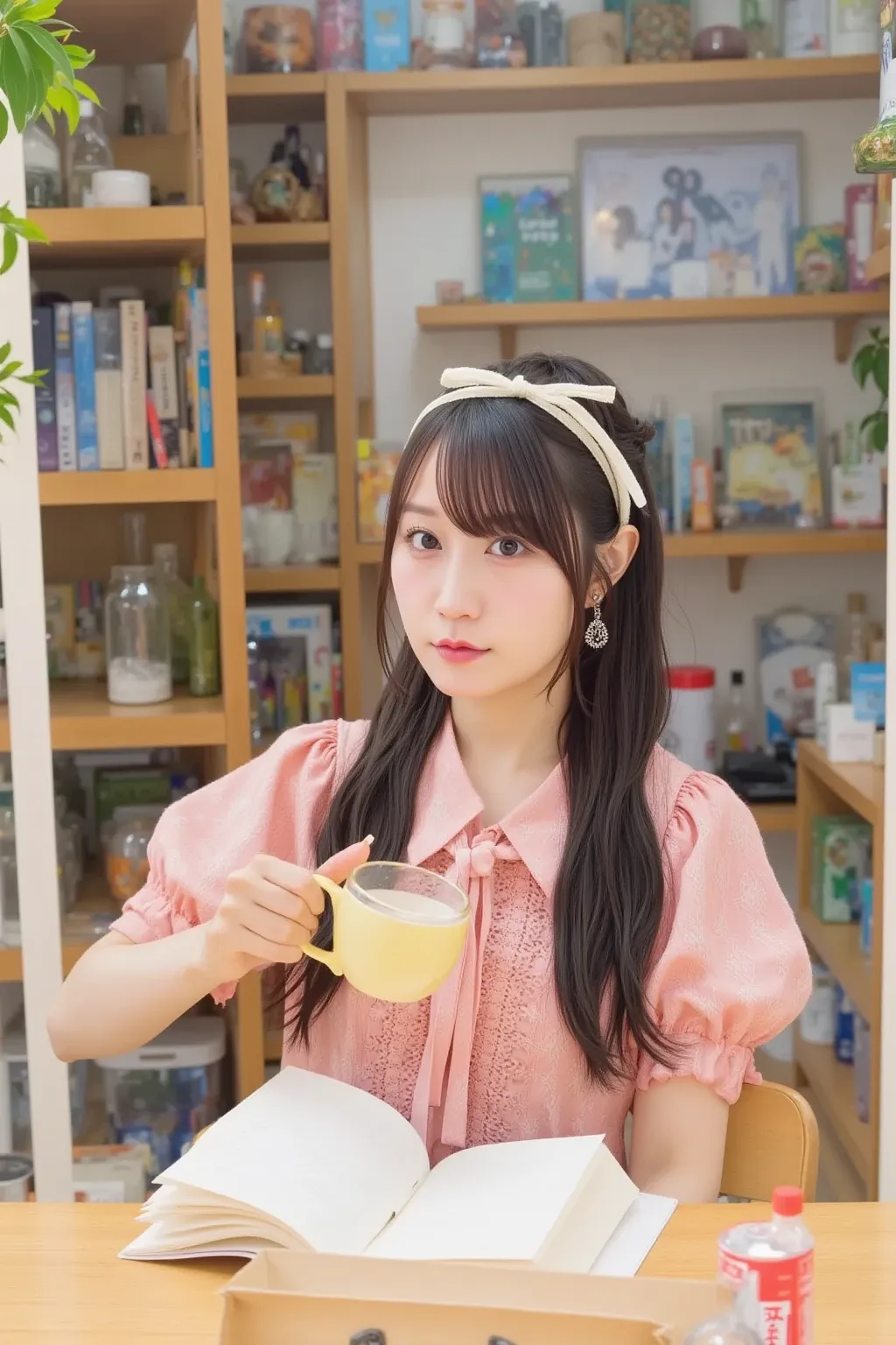 「By the bright cafe window、a woman reading a book while drinking a latte。she has fluffy hair、casual clothes and a relaxed atmosphere。The interior of the cafe is made of natural and warm wooden furniture。」
