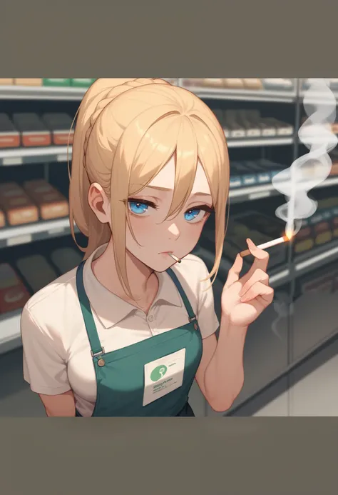 light blue eyes, blond girl, long hair  tied to the back, store, store worker, smoking cigarette, eye bags, tired look, huge boobs 