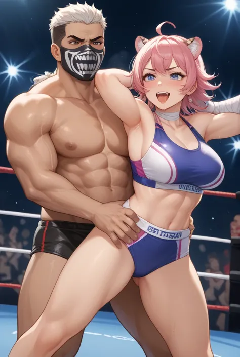 First Female Pro Wrestler ,  I'm a pink tiger ,  a masked wrestler from Japan .  I'm a super idol in the women's pro wrestling world .  he's so cute .  You're fighting a title match against a rival wrestler .  attacked from behind by the second villain wre...