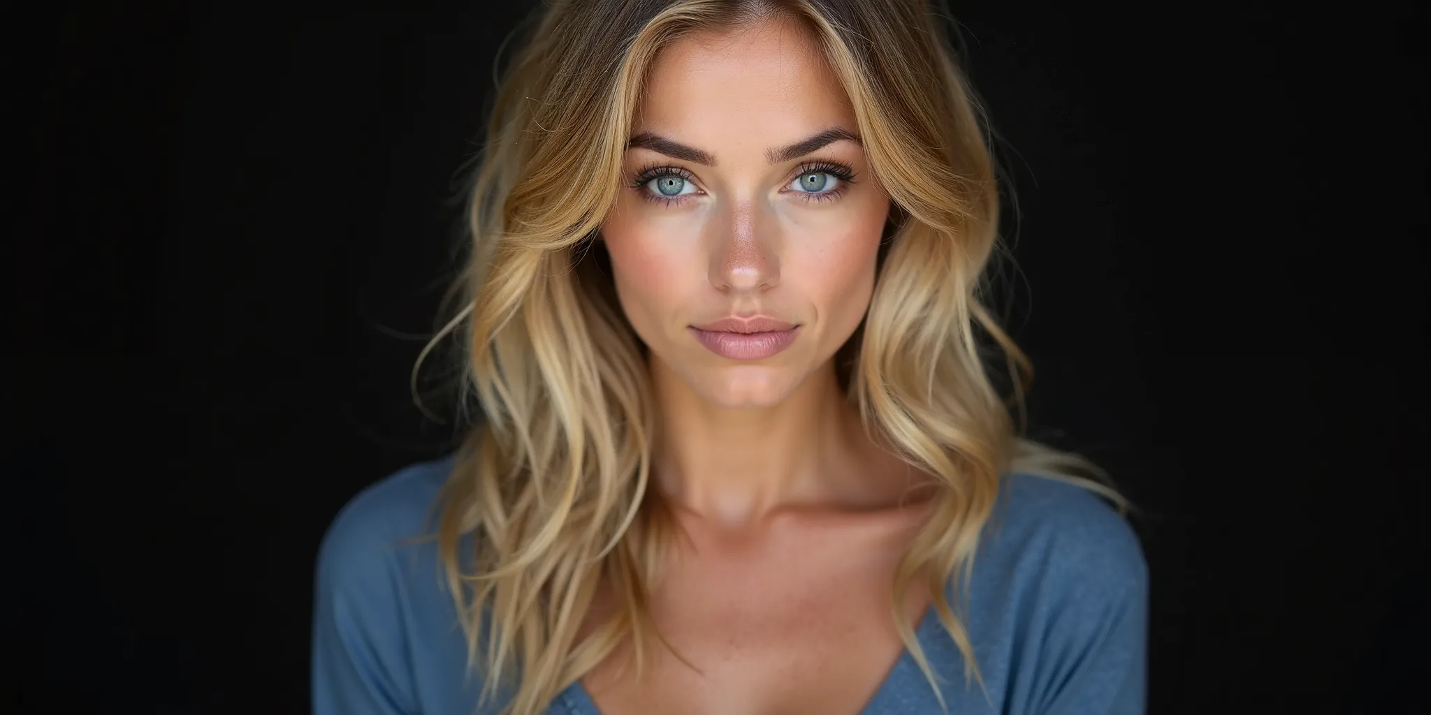 A blonde woman with wavy hair, bright blue eyes, and fair skin. She has a confident and calm expression, wearing a blue shirt. Soft lighting highlights her facial features naturally. Black background. Realistic