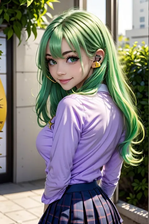  green hair、my hair is long , But I'm using it on the back、 European girl  、 purple school uniform、 honey-colored eyes 、 It's cute  、 Cold、 , beautiful 18 year old teenage girl ,  gold-colored eyes , purple school uniform , Earphones , happy ,  cute smile ...