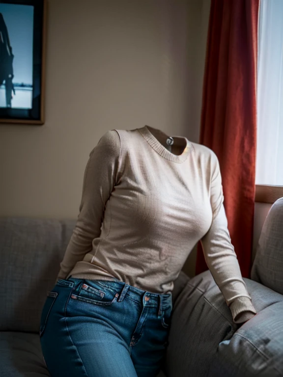 Brown sweater and blue jeans, ((invisible, no humans:1.5, headless:1.5, handless, legless)), huge breast, (close-up to breast), in living room sitting on couch, wide hips, big butt,
(8k, RAW photo, best quality, masterpiece:1.2), (realistic, photo-realisti...