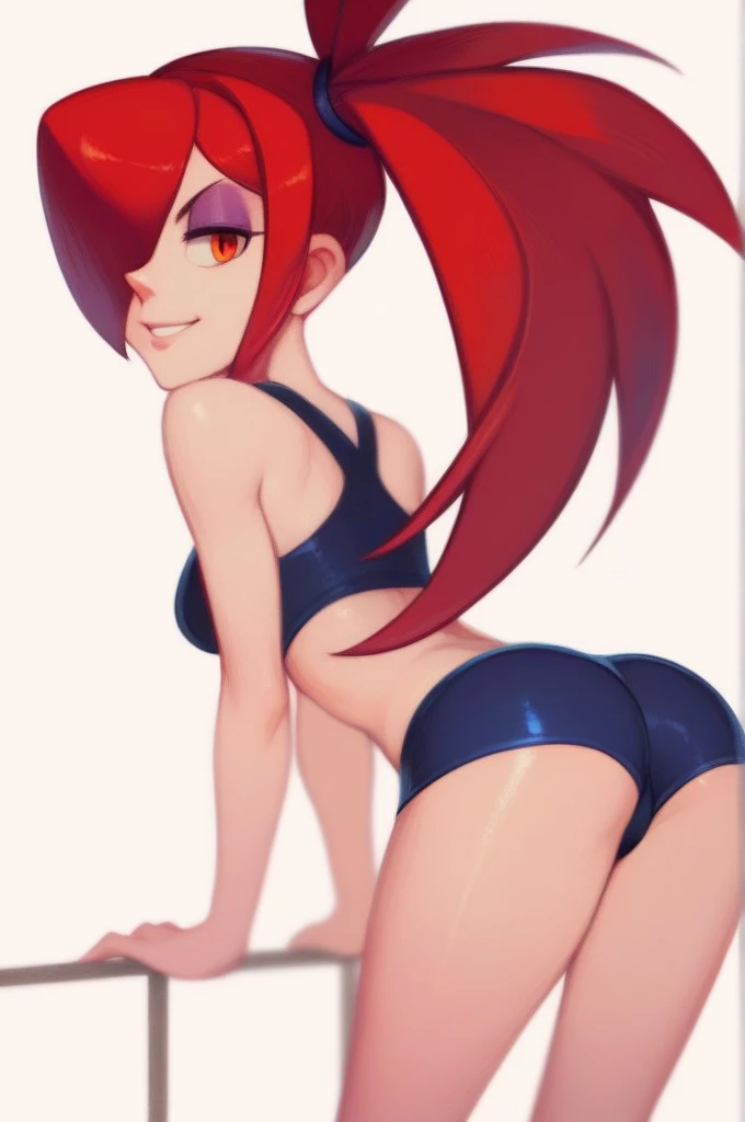 masterpiece, best quality, 1girl, solo, beautiful eyes, skullgirls, Parasoul  (skullgirls), solo, red hair, orange eyes, long hair, black sports bra, bike shorts,  side view, ass, leaning forward, cowboy shot, smile, looking at viewer, shiny skin,