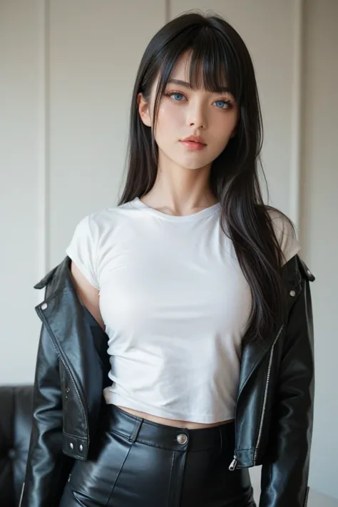 Japanese woman,  long hair,Bangs, black hair, anatomically correct, blue eyes, mouth shut,  white t-shirt,  black leather jacket , Delicate and beautiful face,1girl,  athletic and defined body , curvy