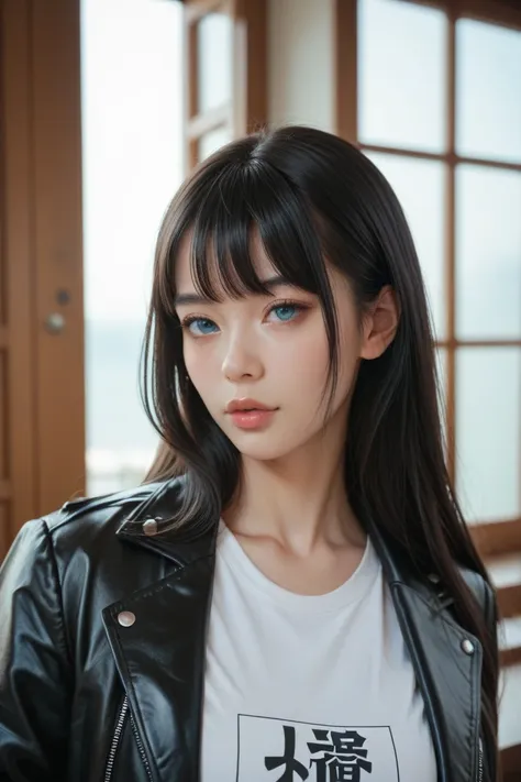 Japanese woman,  long hair,Bangs, black hair, anatomically correct, blue eyes, mouth shut,  white t-shirt,  black leather jacket , Delicate and beautiful face,1girl,  athletic and defined body , curvy