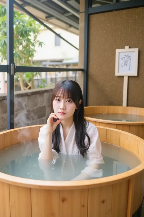 「A Japanese woman soaks in the bath、Relaxing Scene。a hot spring with wooden tubs and steam rising。 her hair is wet 、is relaxing in an open-air bath with bamboo walls and natural scenery。」
