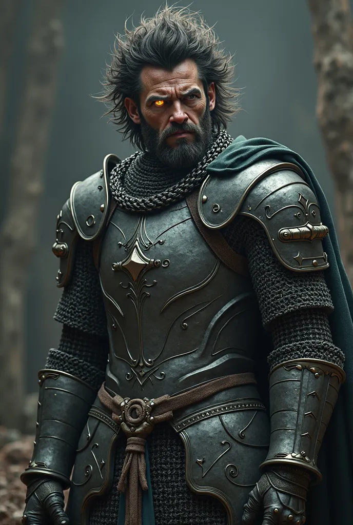 Draw a knight wearing a chain mail , with Hugh Jackman hairy style. He has Yellow eyes. The left One Is serpent-like. He has no helmet. He pretends to be normal, but he is not. He is a shapeshifter.