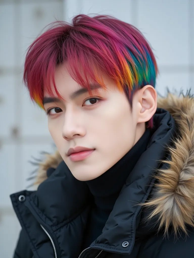 Good-looking rainbow hair buzz cut hair double eyelid korean boy idol wearing winter clothes.