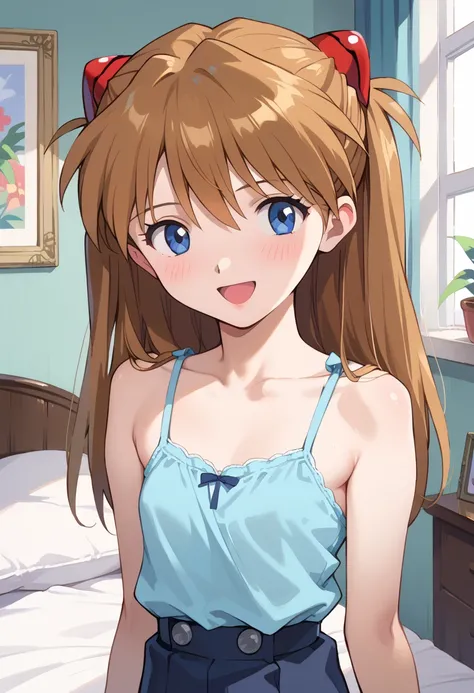 ((TOP QUALITY)), ((masterpiece)), (be familiar with),  perfect face, indoors, bedroom, watching viewers,
One woman, Soryu Asuka Langley,
open mouth, ecstatic expression, blush, smile,
 small tits,  flat chest, Young girl,  lori,  ,  girl,
 long hair, two s...