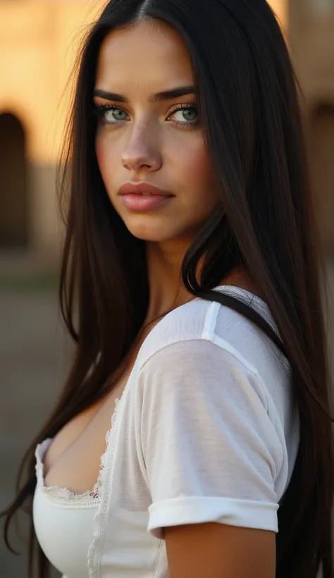 portrait of A beautiful European young woman, perfect face, shabby white ripped t-shirt, small breasts, in ruins, sunset, cinematic lighting, look at veiwer, pov, ((((high detailed skin)))), [[[freckles]]], 8k, sharp focus, ((weathered, dirty))