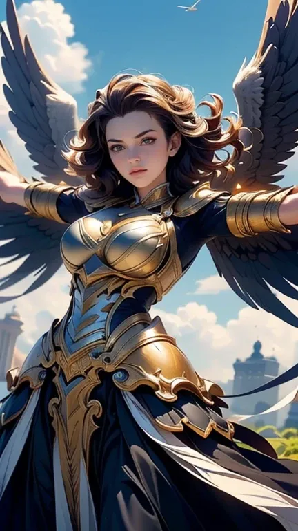 1girl, ,angel armor,(Spread your arms and fly down from the sky:1.5),(random hairstyle),(Highest image quality,(8k),ultra-realistic,best quality, high quality, high definition, high quality texture,high detail,beautiful detailed,fine detailed,extremely det...