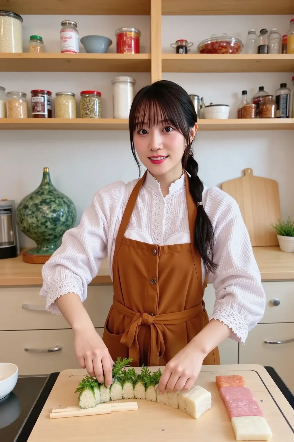 「Scene of a Japanese woman wearing an apron、wrapping homemade sushi in the kitchen。In the background, seasonings and ingredients are neatly arranged on Japanese-style wooden shelves、enjoying cooking in the kitchen with bright light shining in。」
